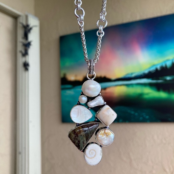 925 sterling silver overlay charm Pearl abalone fossil shiva eye shell necklace. - Picture 4 of 11